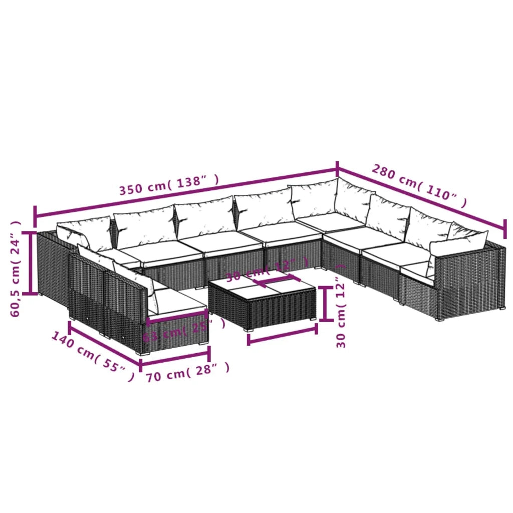 Set Divani da Giardino 11 pz con Cuscini in Polyrattan Marrone 3102443