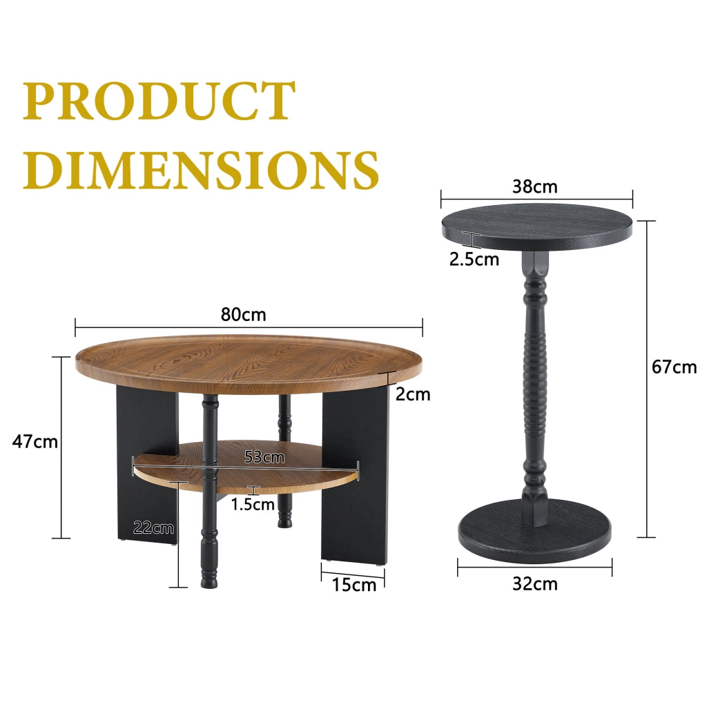 Tavolini bassi rotondi in MDF con bordi arrotondati, set da 2 pezzi, per soggiorno e camera da letto, noce e nero