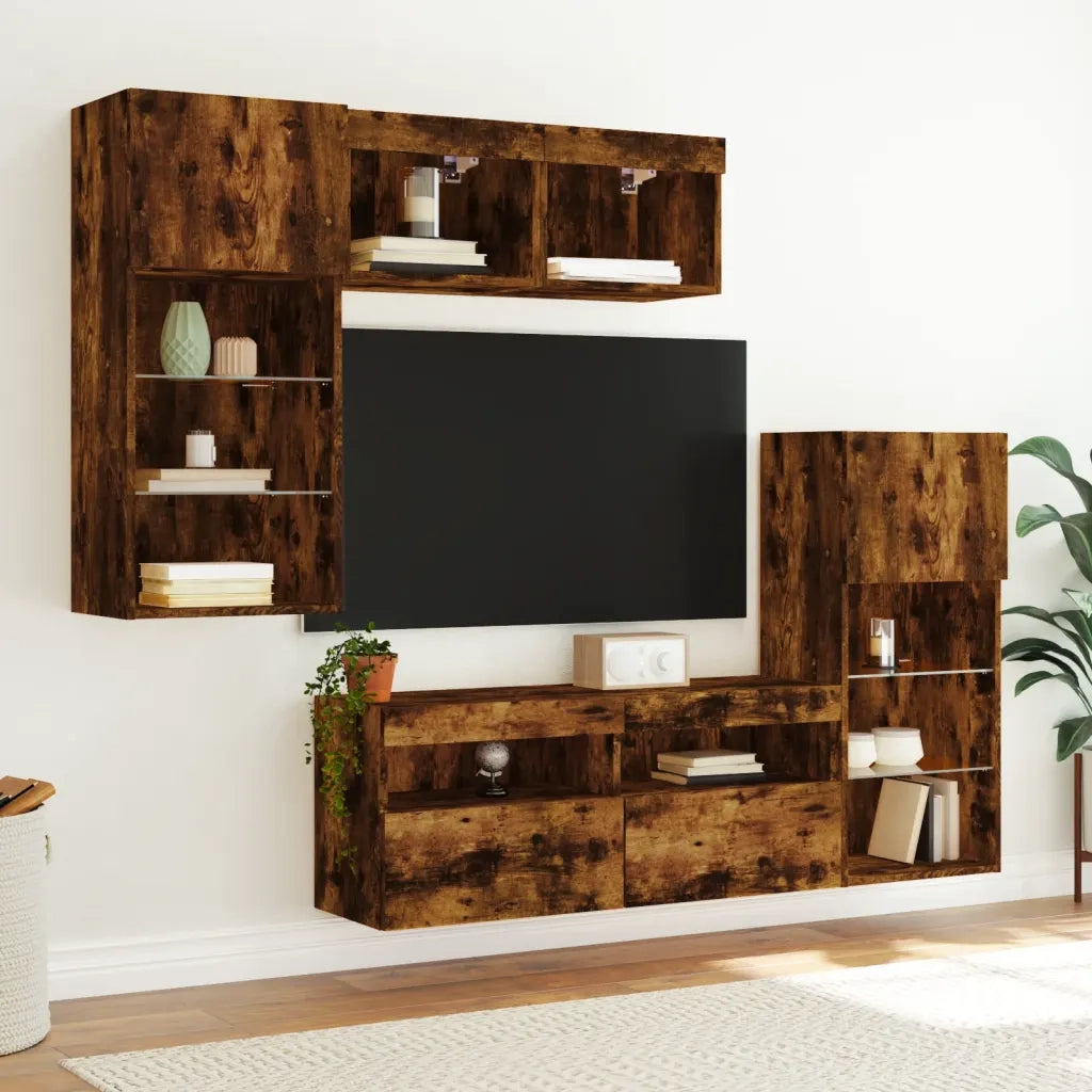 Mobili TV a Muro con LED 5pz Rovere Fumo in Legno Multistrato 3216729