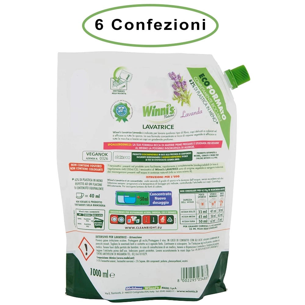 Winni's naturel detersivo per lavatrice ecoformato lavanda 6 confezioni da 1000 ml