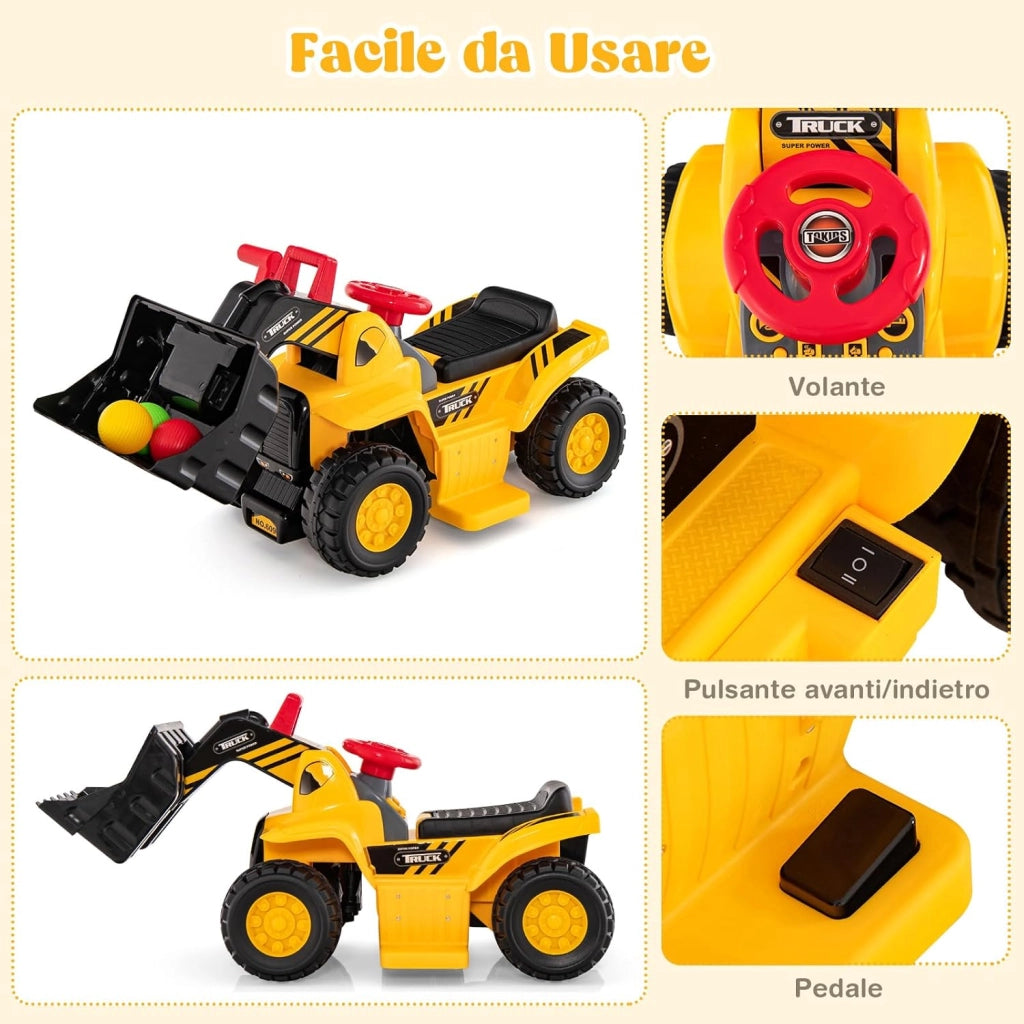 Escavatore Elettrico per Bambini, Ruspa Cavalcabile con Benna Controllabile Vano Nascosto Effetti Sonori e Canestro da Basket Pieghevole e 3 Palline, per Bambini 2 Anni+