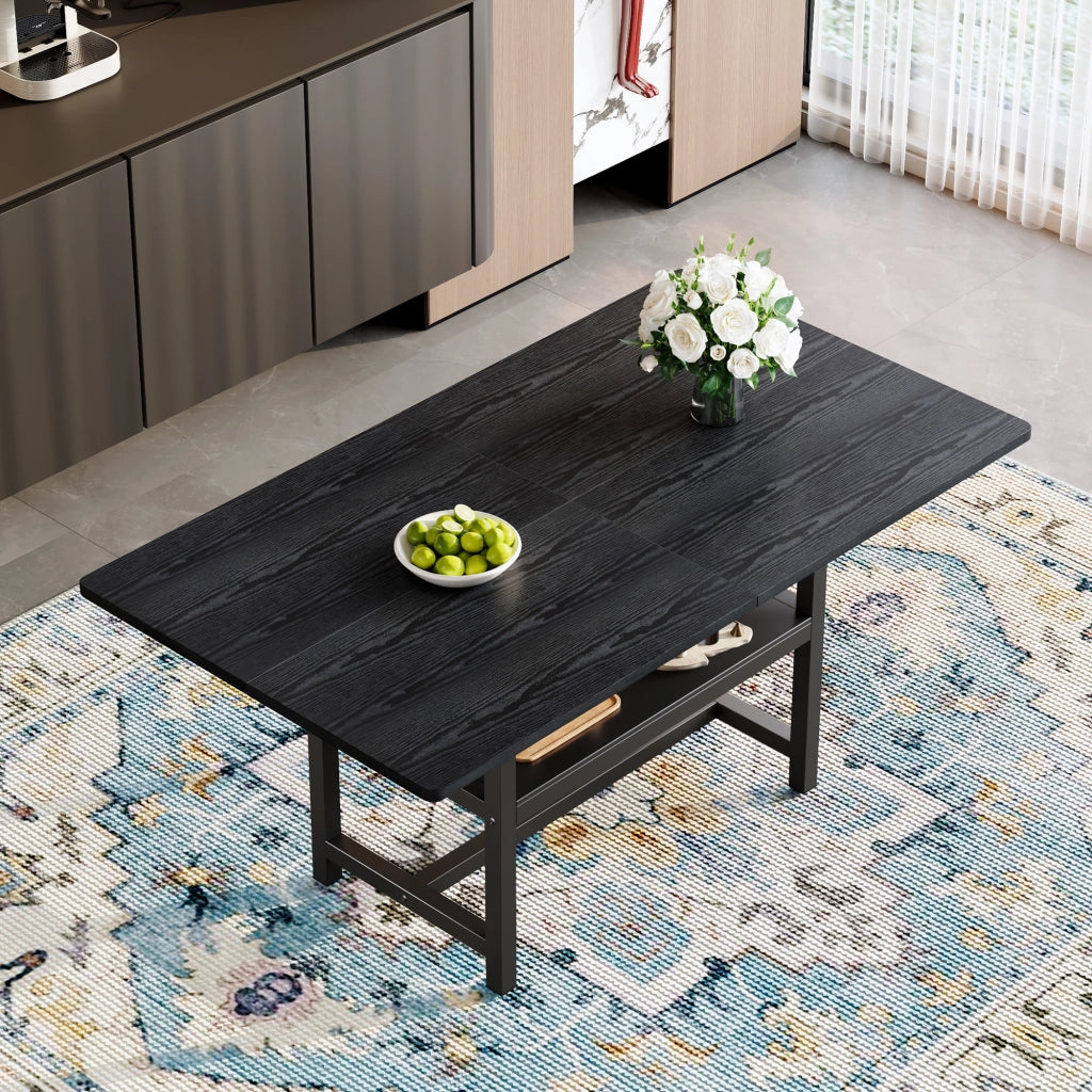 Tavolo da pranzo per 4 o 6 persone con ripiano contenitore, stile moderno, in MDF e metallo, nero, 160 × 90 × 76 cm