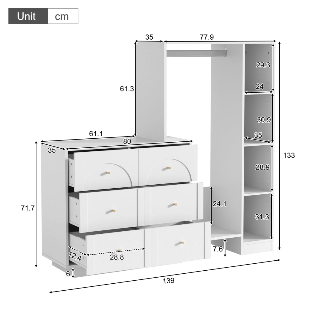Armadio, mobile da ingresso, 6 cassetti, ripiani, 139 x 35 x 133 cm, bianco