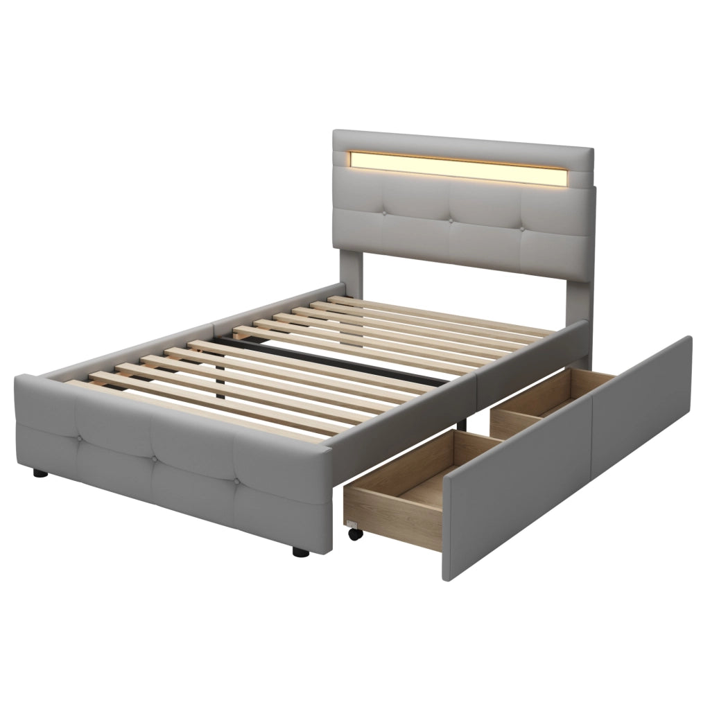 Letto singolo 90x200 cm imbottito con LED e 2 cassetti; grigio