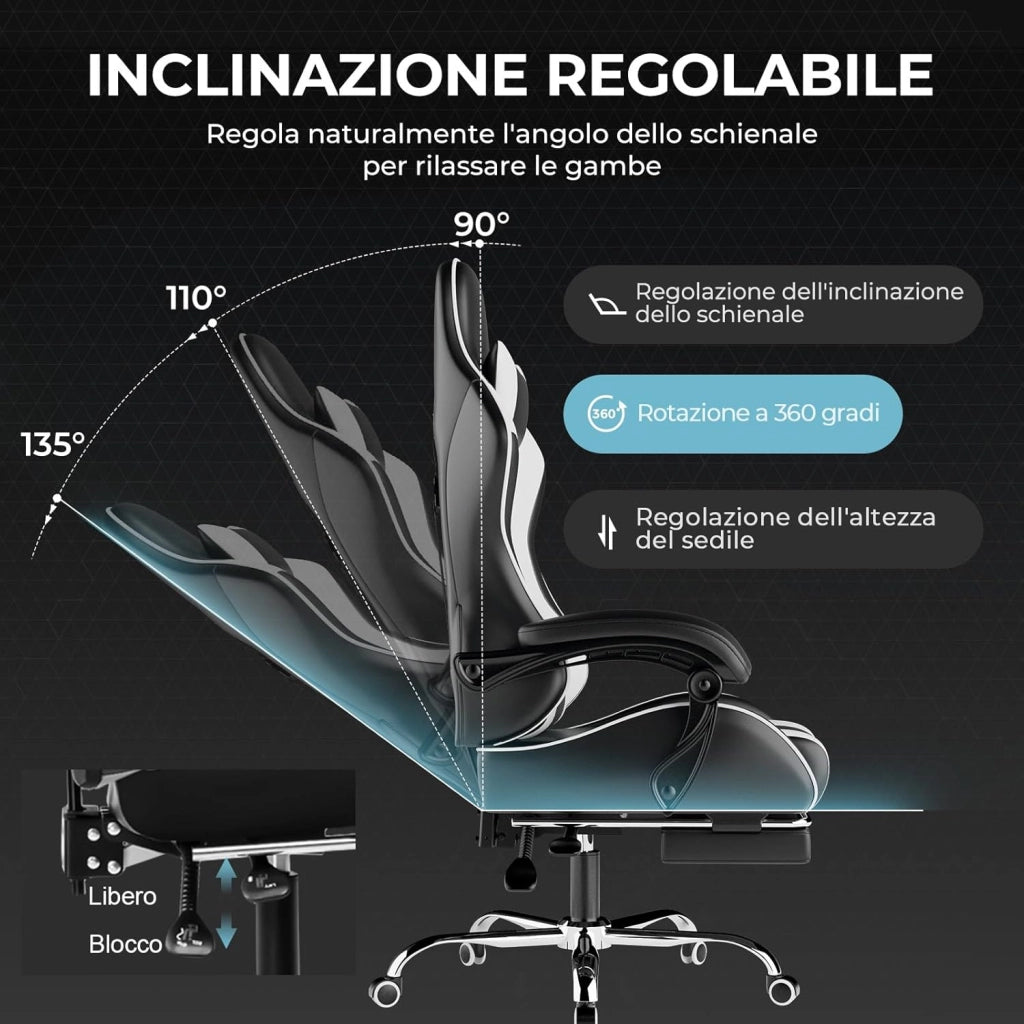 Sedia da Gaming Massaggiante ed Ergonomica con Schienale Regolabile, Poggiapiedi e Supporto Lombare - Reclinabile, Bianco