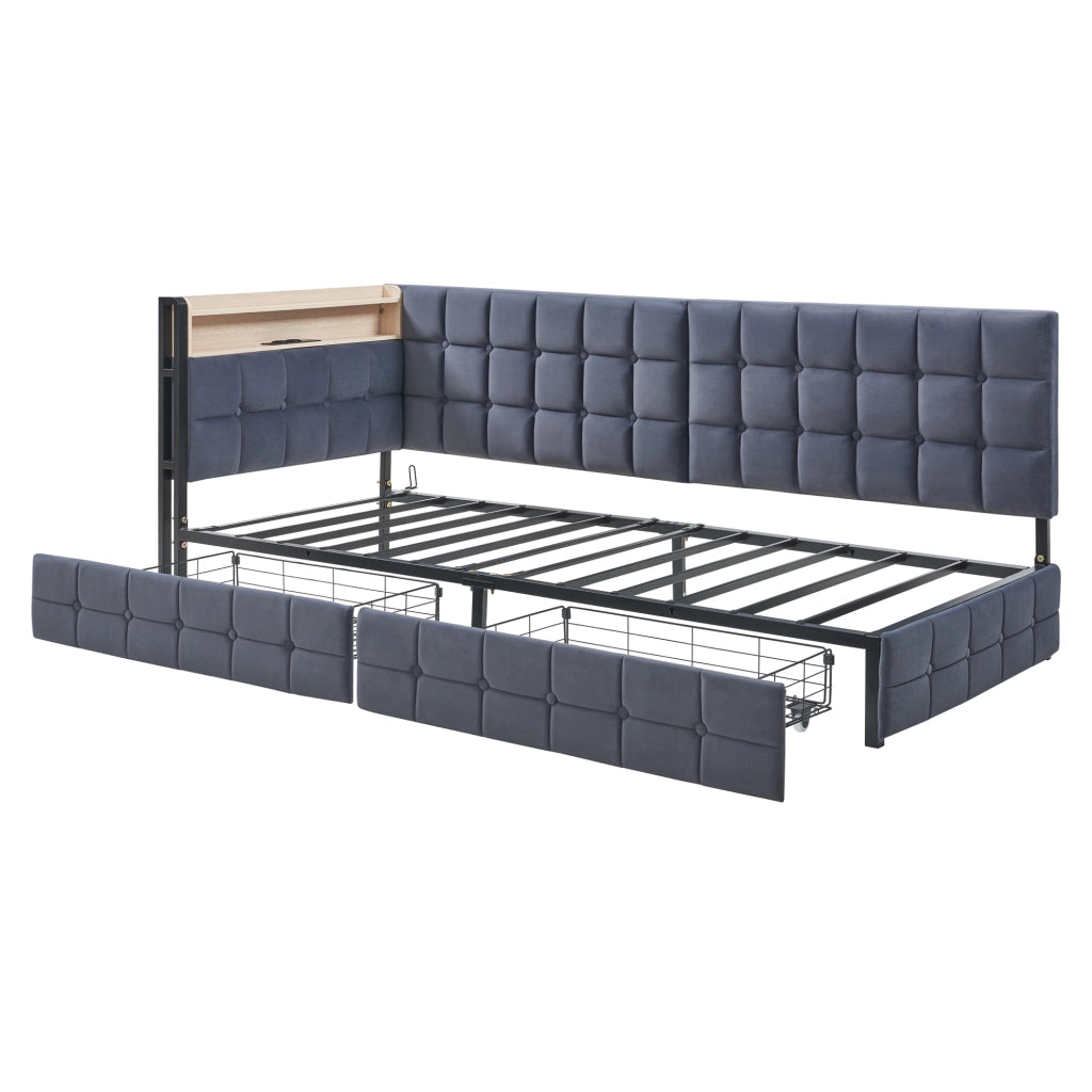 Divano letto singolo 90x200 in velluto grigio con LED; prese USB e 2 cassetti