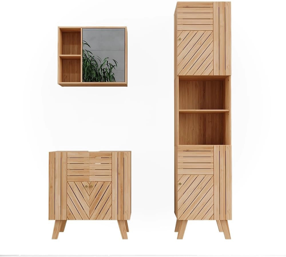 Set di mobili da bagno Lucie, Bambù, 60 cm, composto da specchio da bagno e mobile sottolavabo