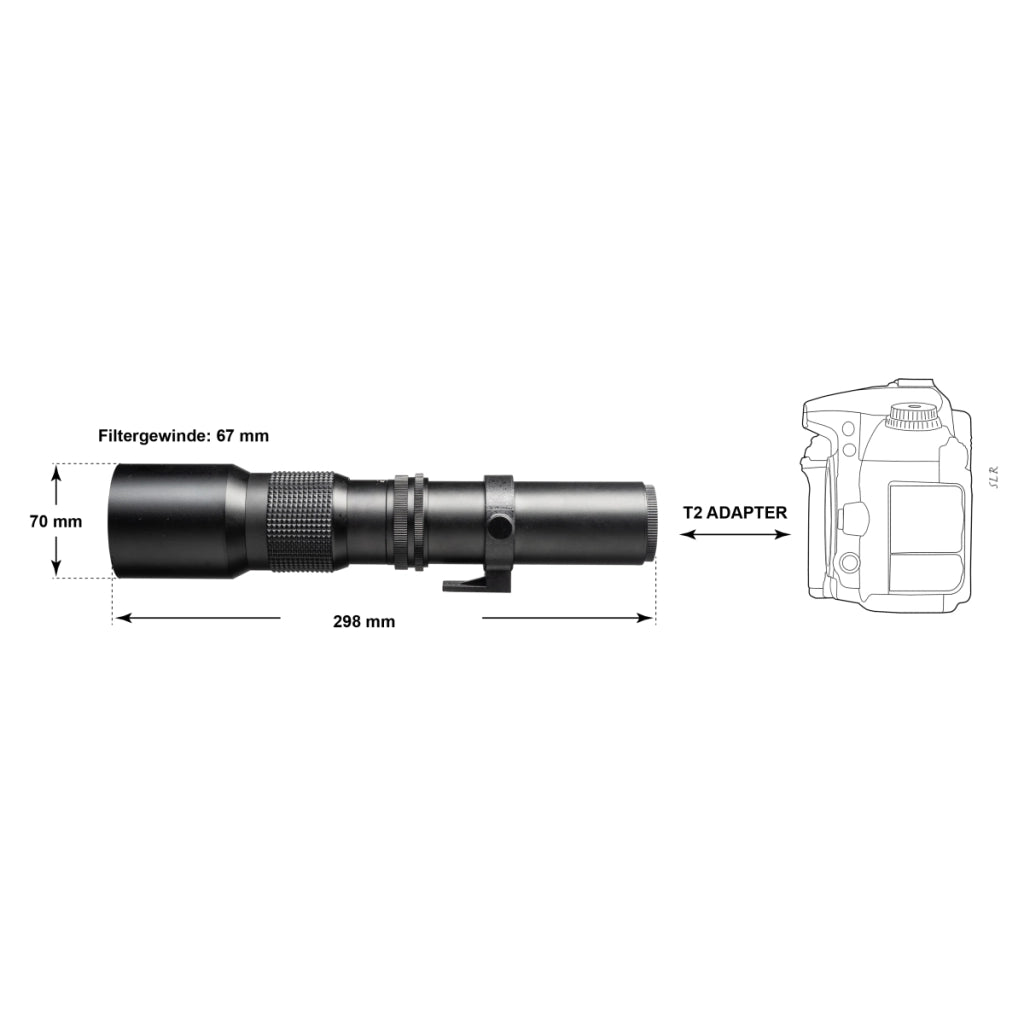 Obiettivo fotografico 500/8,0 compatibile con Sony E, Teleobiettivo per full-frame e APSC, con diaframma a iride, per fotocamera DSLR