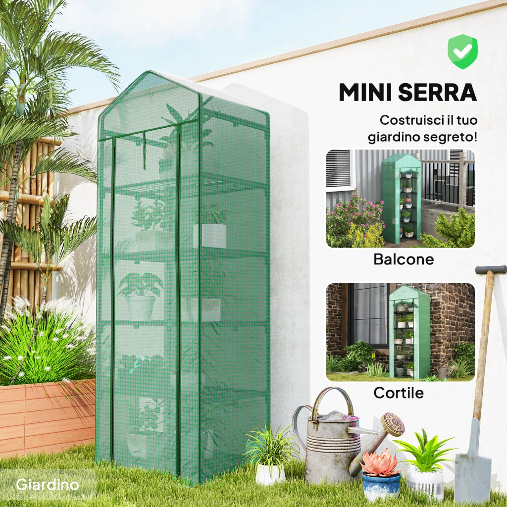 Serra per Piante a 5 Livelli 69x49x193 cm con Porta a Zip in Acciaio e PE Verde