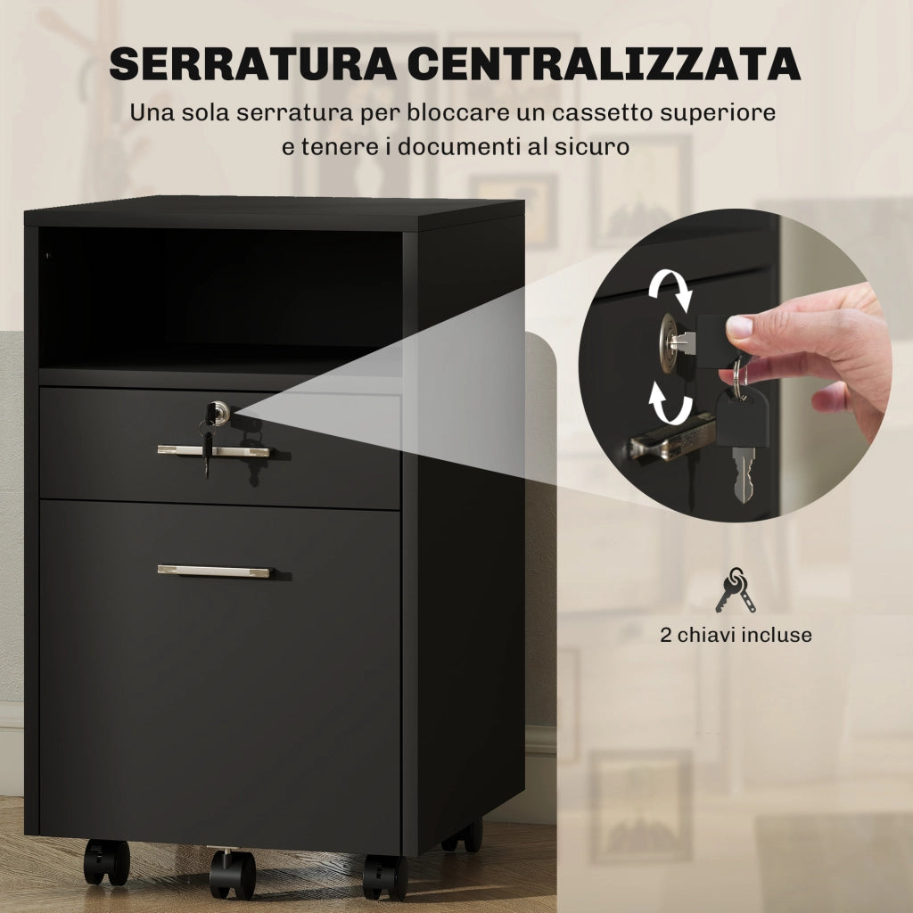 Cassettiera da Ufficio in Legno con 2 Cassetti e Ripiano ¨C ZephMum ¨C 39x40x65 cm, Nero