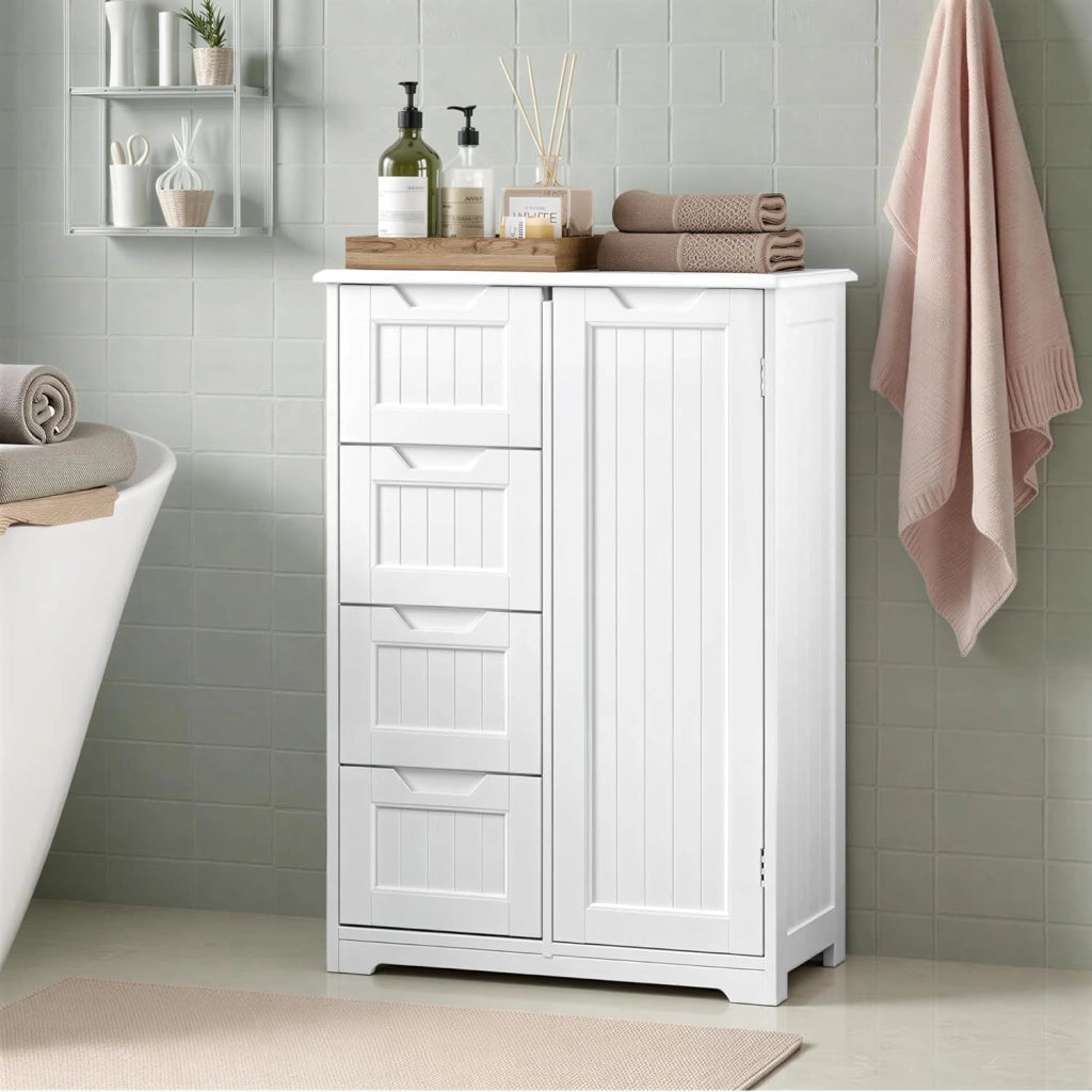 Armadietto per bagno con 4 cassetti, Armadietto autonomo, Armadietto laterale con anta e divisore regolabile, per bagno, ingresso, 30x60x85CM,Bianco