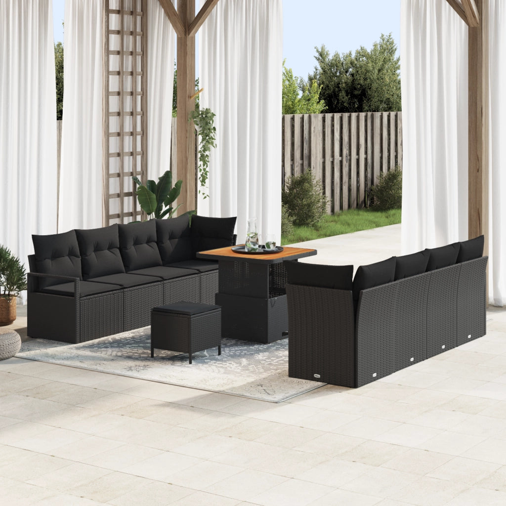 Set di divani da giardino  11 pezzi con cuscini in polyrattan nero e acacia