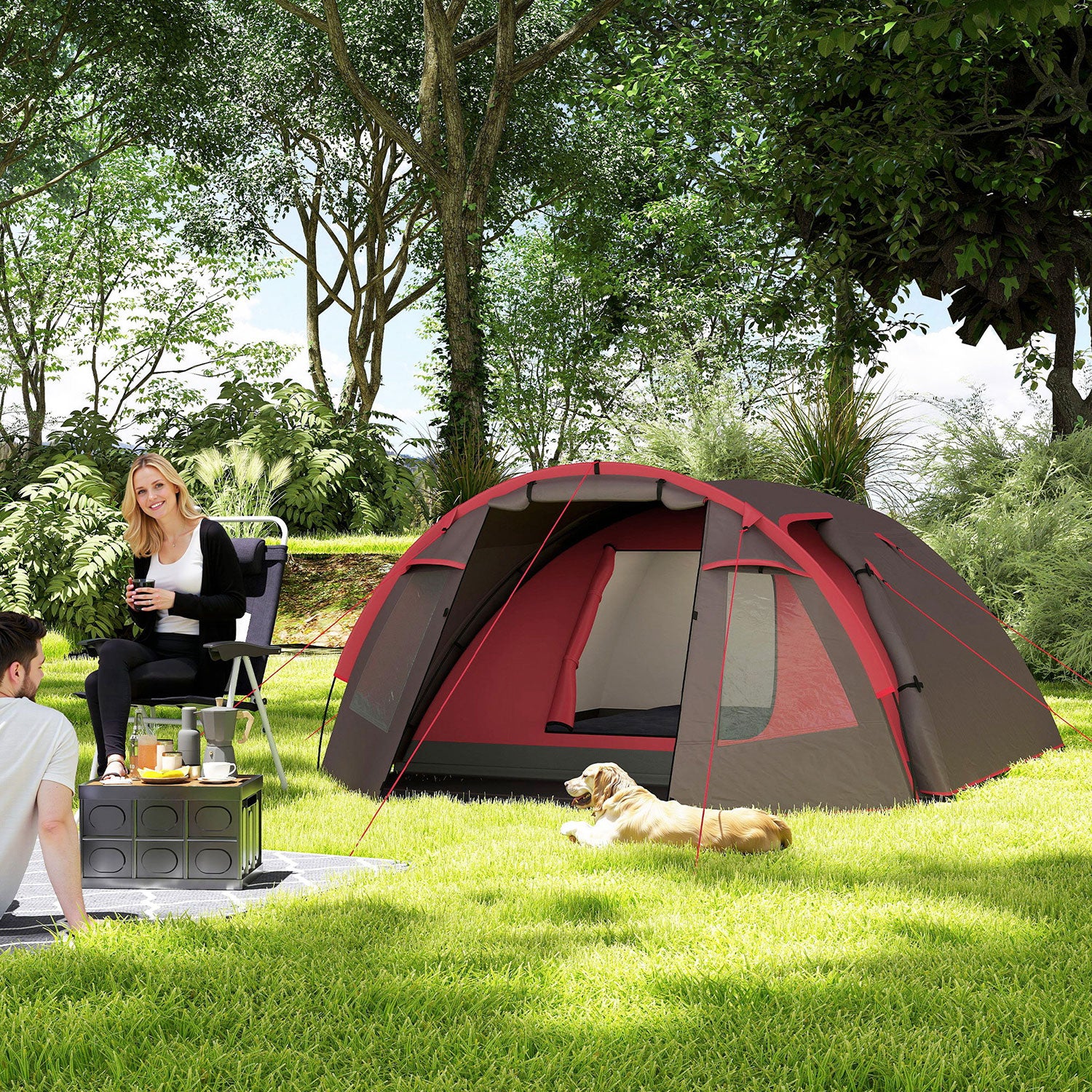 Tenda da Campeggio Impermeabile 360x250x130 cm da 2-4 Persone con Stanze Separate e Doppie Porte Grigio