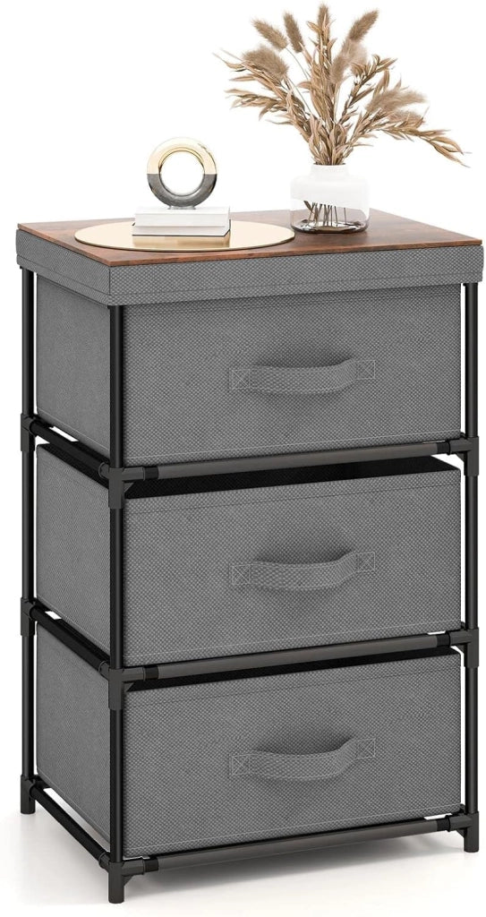 Armadietto a 3 Cassetti, Cassettiera Verticale con Contenitori in Tessuto Pieghevoli e Rimovibili, Comò in Stile Industriale per Camera da Letto, Soggiorno e Ufficio, 3 Colori (Grigio)