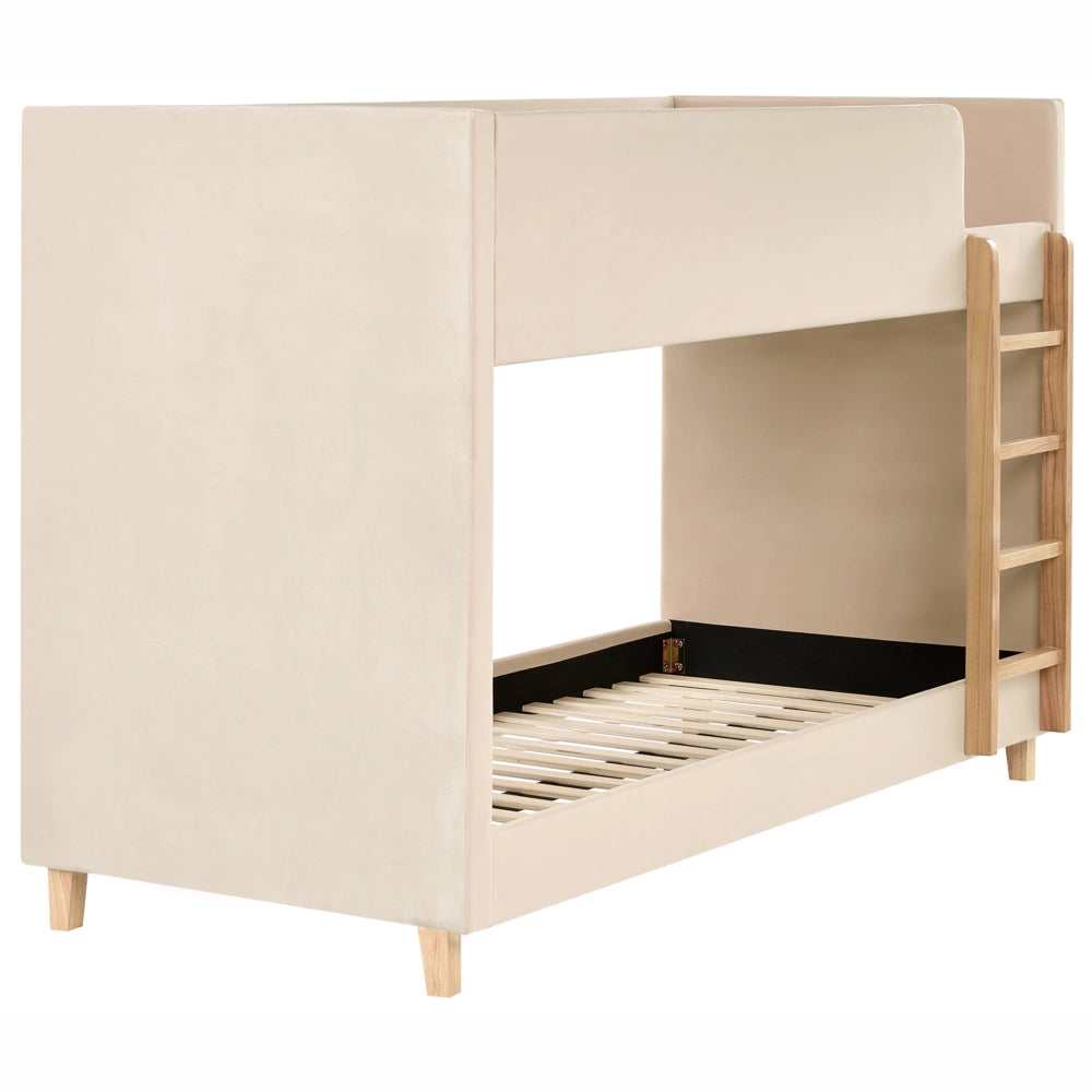 Letto a castello 3 piedi per bambini alto imbottito in velluto e scaletta in in legno di pioppo beige chiaro 90x200 cm cameretta