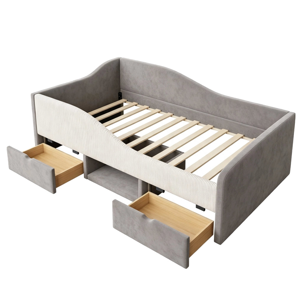 Letto per bambini 90 × 190 cm con barriere di sicurezza, 2 cassetti, vano aperto e porta scarpe, senza materasso, grigio