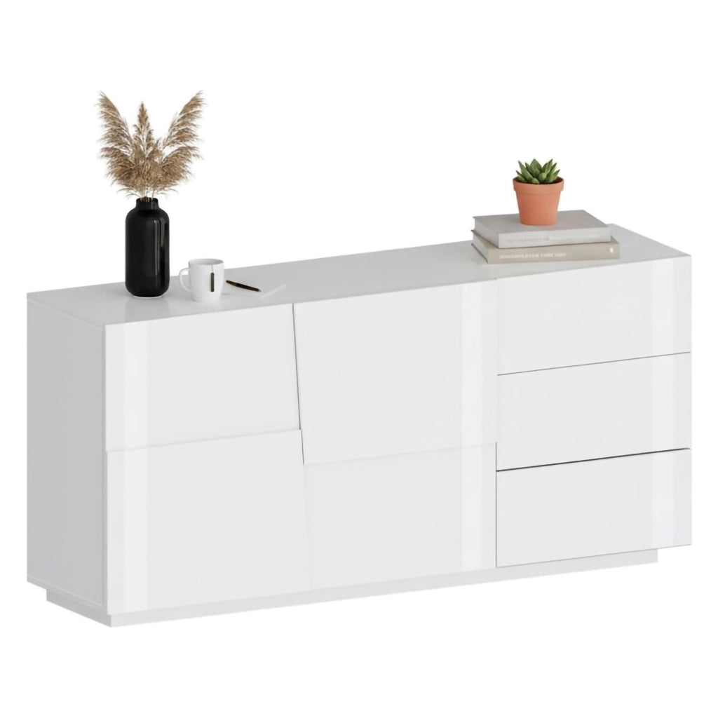 Credenza Avelignese, Buffet da soggiorno, Madia da salotto con 2 ante e 3 cassetti, 180x44h86 cm, Bianco lucido