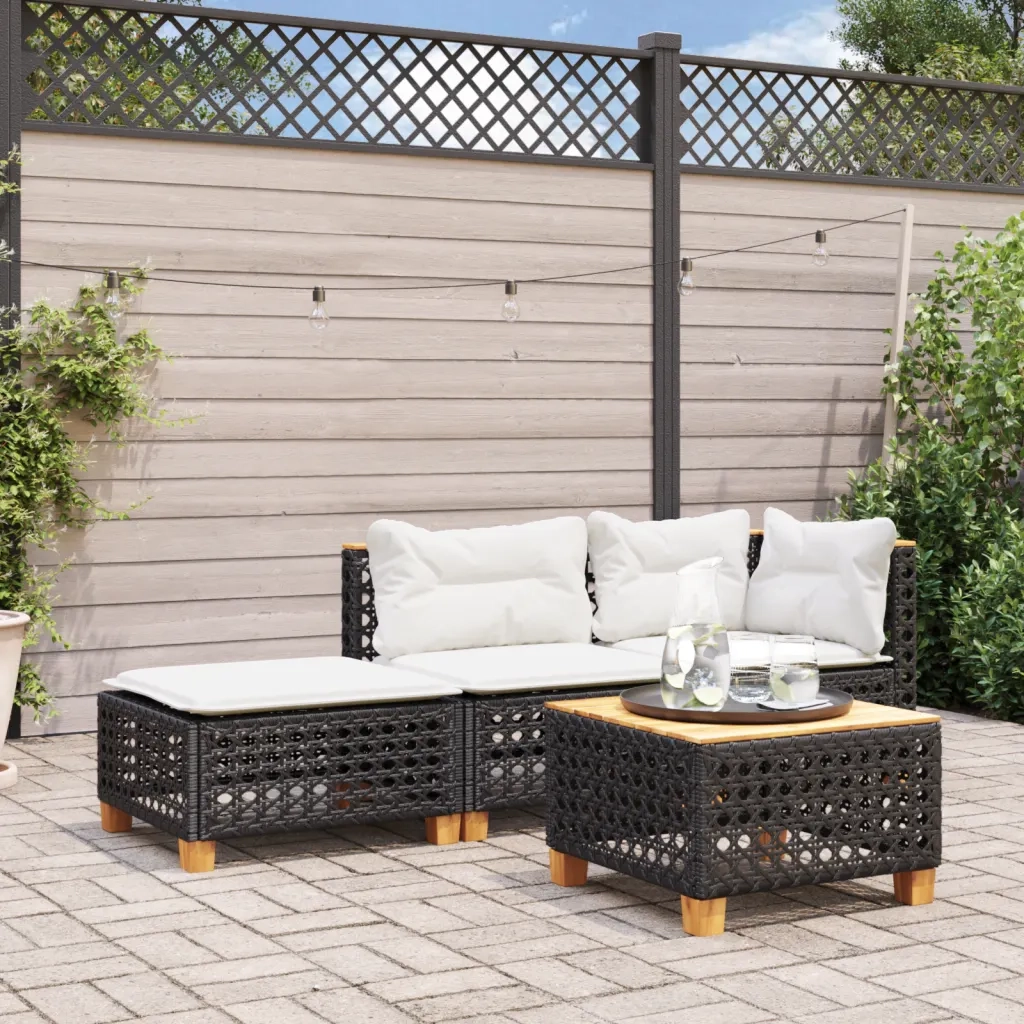 Sgabello Giardino con Cuscino Nero 63,5x56x32 cm in Polyrattan 365932