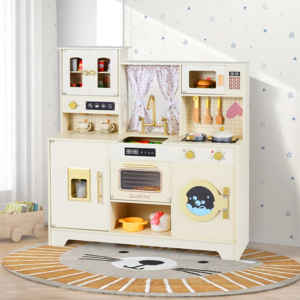 Cucina giocattolo bambini legno 3+ anni fornelli rubinetto lavello caffè ghiaccio-Set gioco microonde 14 accessori