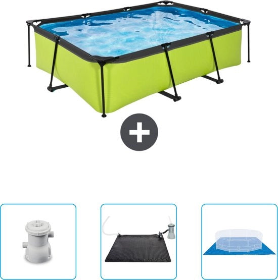 Piscina Rectangolare con Cornice Lime - 220 x 150 x 65 cm - Inclusa Pomp - Matrice Solare - Copertura del Terreno