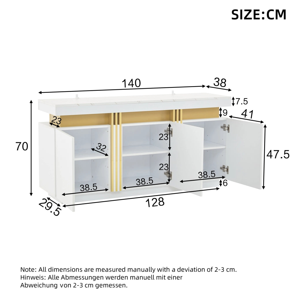 OKWISH Credenza con 3 Ante e 6 Scomparti, Ripiani Regolabili, per Soggiorno o Ingresso, Bianca, 140 x 38 x 70 cm