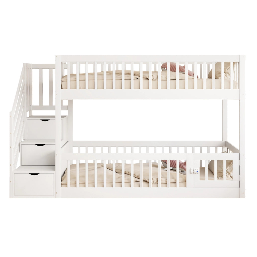 Letto a castello per bambini 90x200 in legno bianco con scala e cassetti