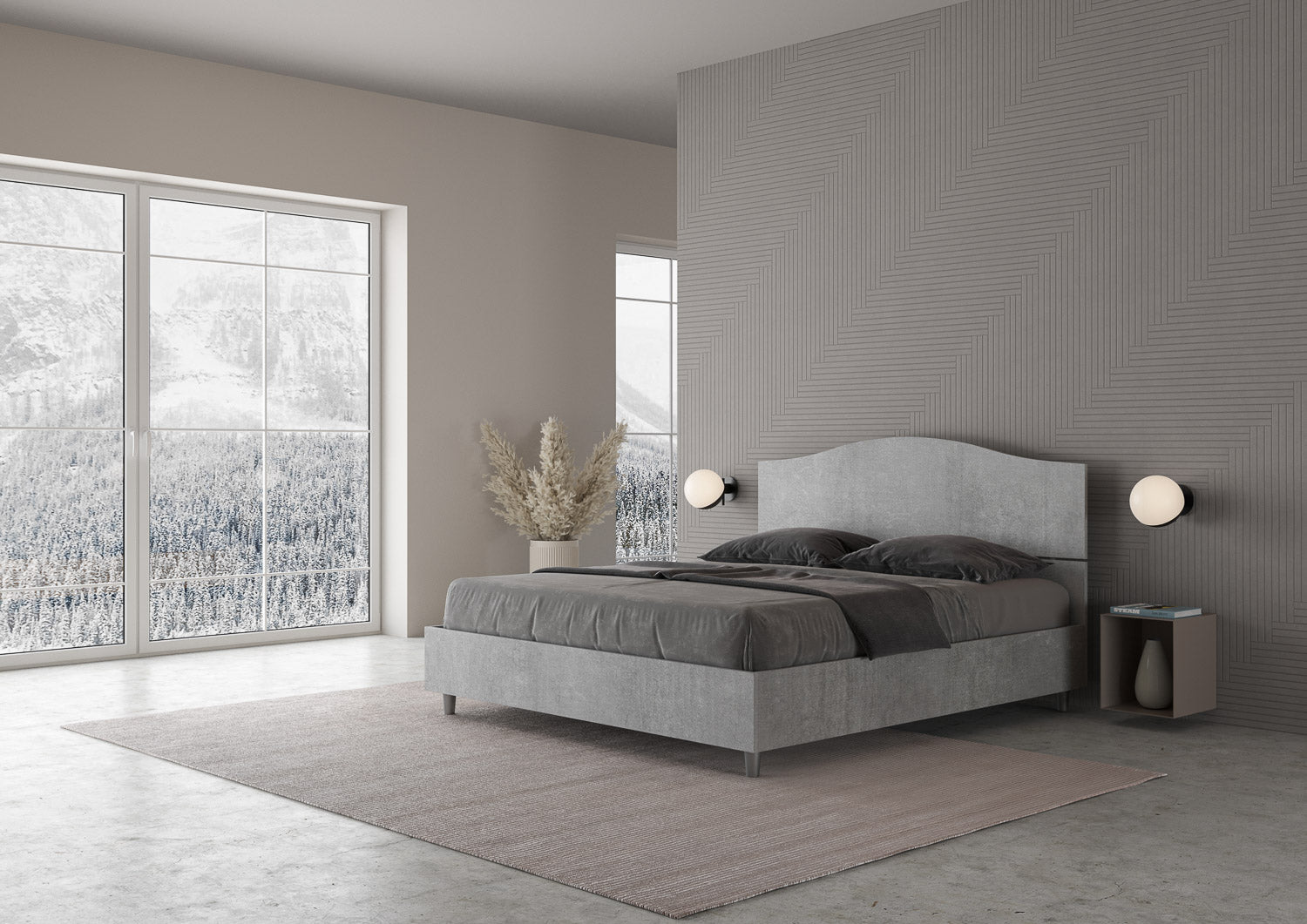 Letto Matrimoniale 160x200 cm con Rete e Contenitore Alzata Comoda Testata Sagomata Dores Cemento