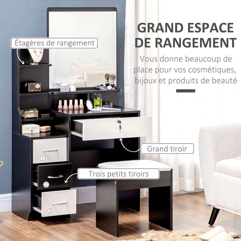 Scrivania da trucco con specchio e cassetti ¨C Zephmum ¨C Bianco e nero 90x50x75