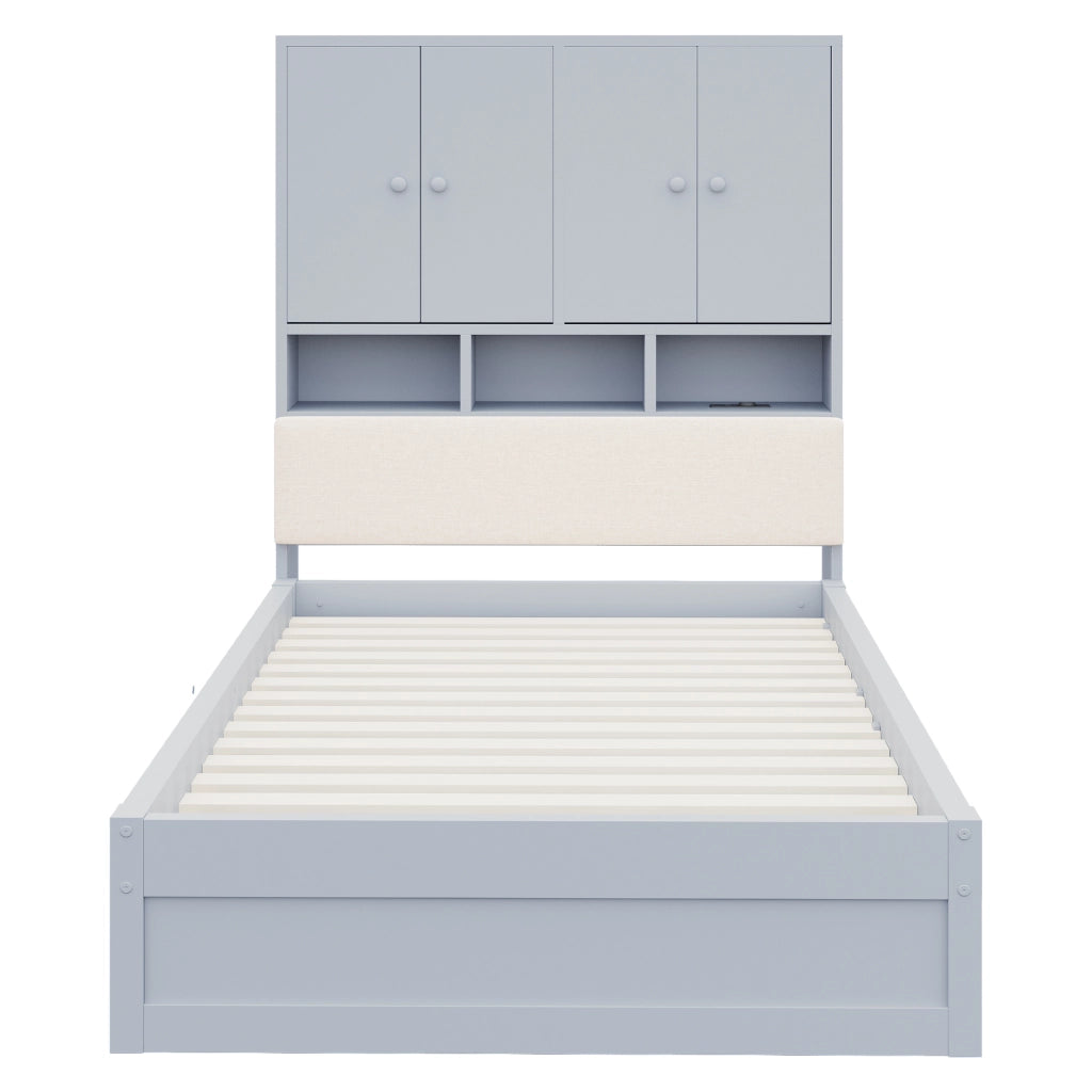 Letto in legno 90 x 200 cm, testiera imbottita, con vano portaoggetti, illuminazione a LED, presa di corrente, 2 cassetti, grigio