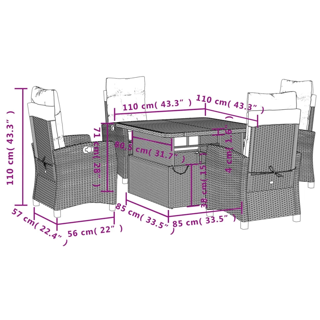 Set da Pranzo da Giardino 5 pz Nero con Cuscini in Polyrattan 3277377