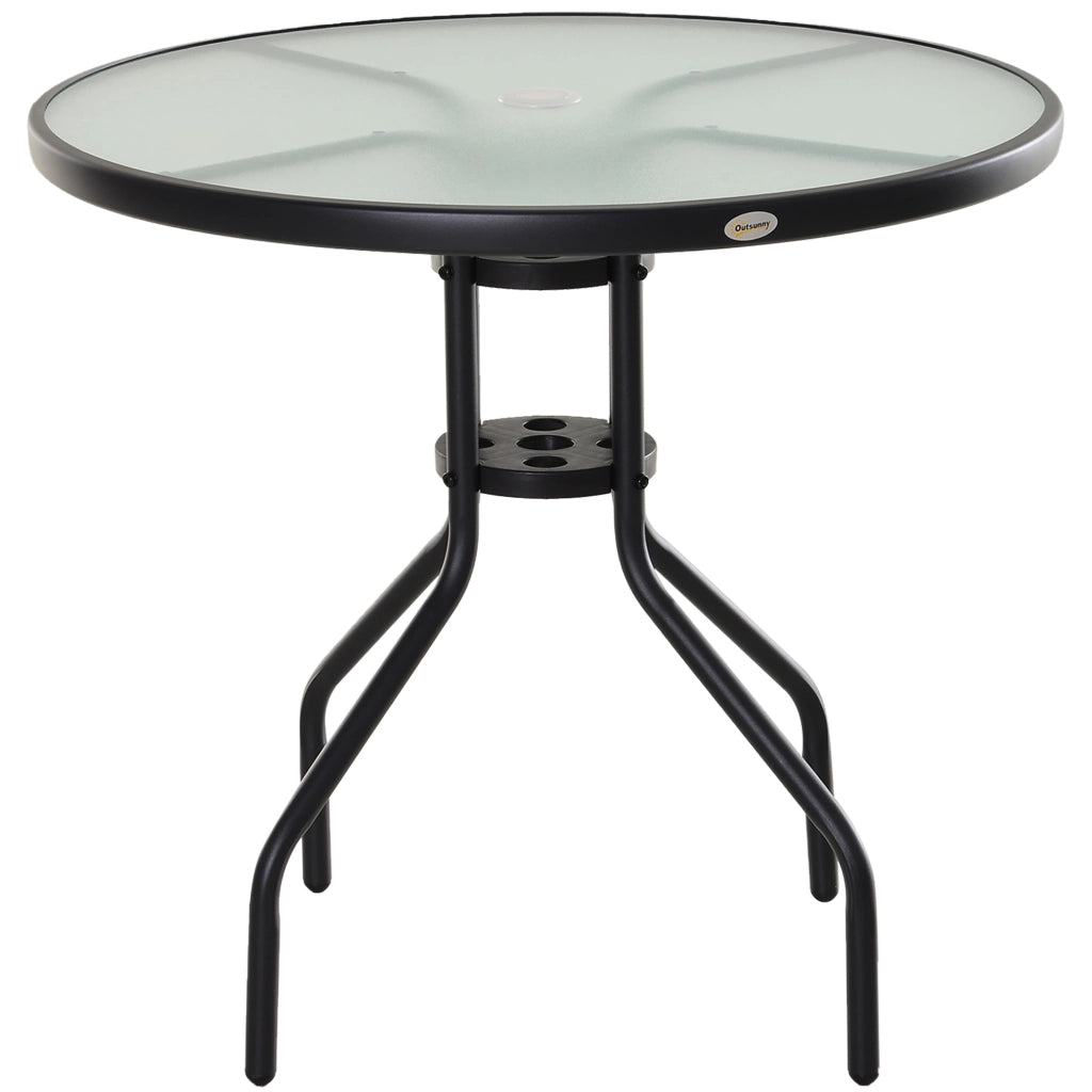 Tavolo da giardino Tavolo da balcone Tavolo bistrot con foro d'ombra ?80 cm; vetro temperato e metallo nero; ideale per giardino e terrazza