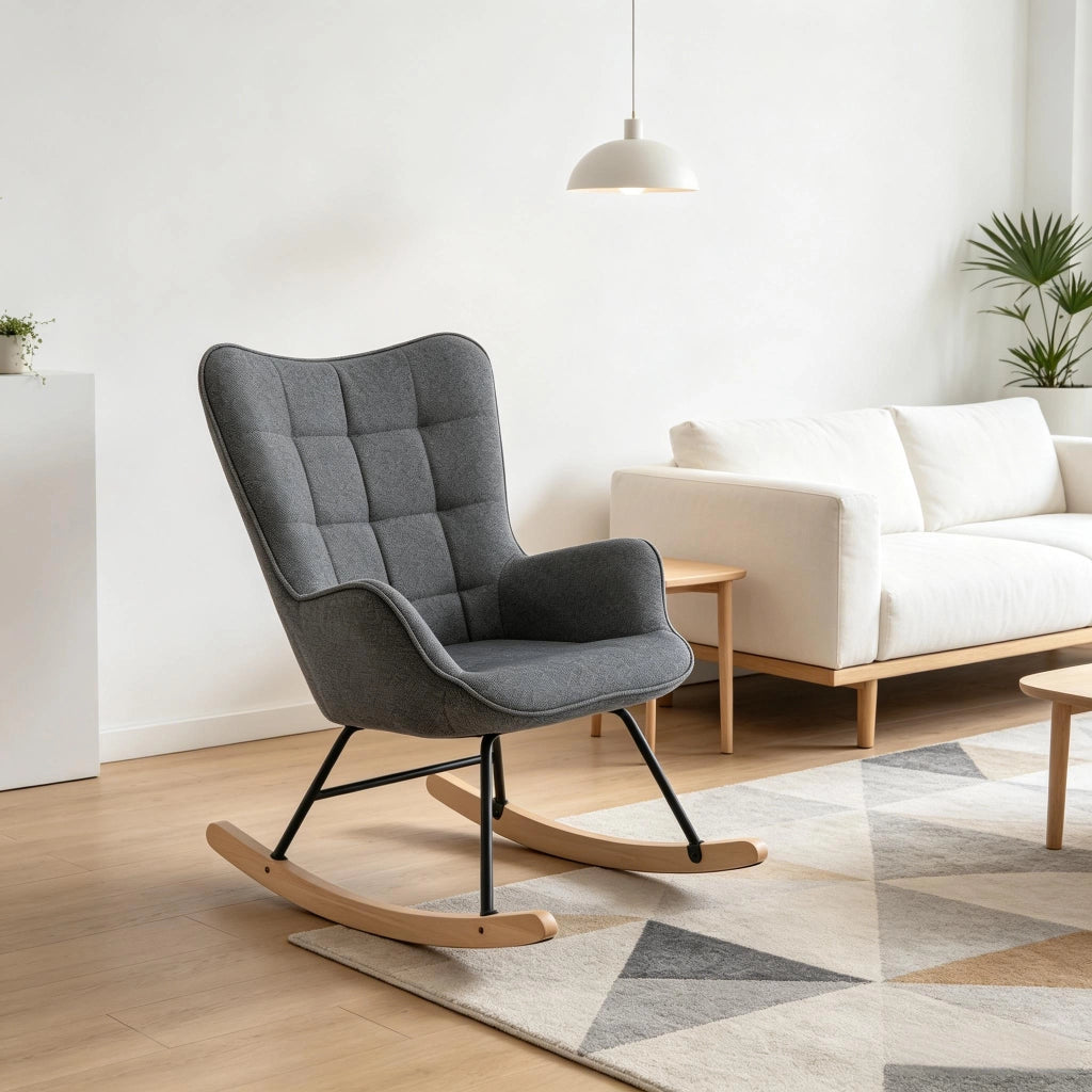Poltrona a dondolo in velluto con schienale alto e design ergonomico, seduta confortevole per relax grigio scuro