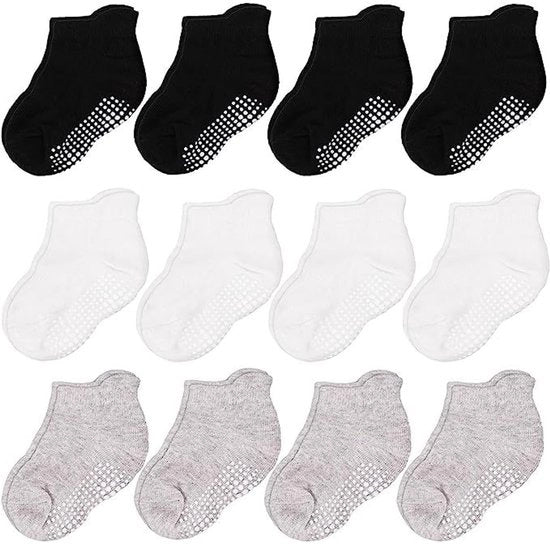 Calze per Bambini Antiscivolo - Confortevoli Calze per Gamba - Nero Bianco Grigio - Per Bambini - 9 Pair