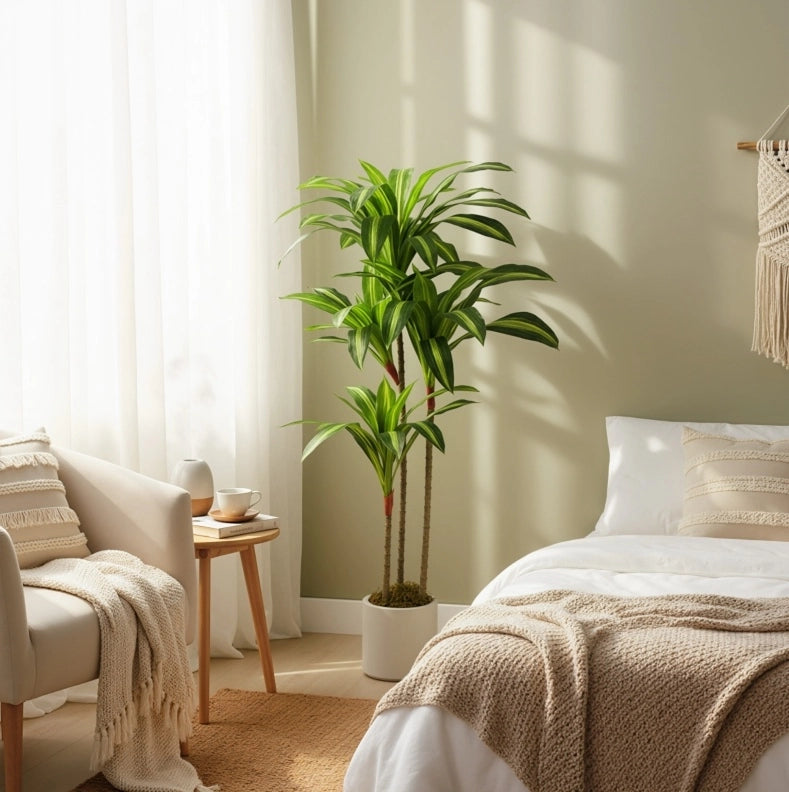 Dracaena artificiale 120 cm con tronchi flessibili e vaso bianco