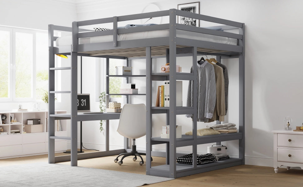Letto a castello grigio con funzione scrivania e scaffali in legno massello 140x200 cm