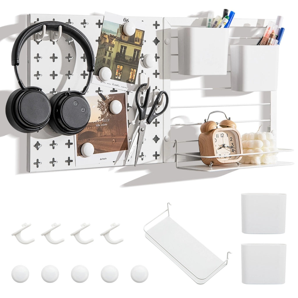 Kit combinato di pannelli forati con mensola portaoggetti contenitori magneti e ganci, Kit 2 pannelli portaoggetti-Organizzazione della cucina