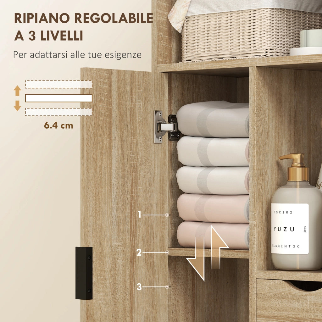 Mobile Bagno Salvaspazio Slim 50x25x100 cm con Armadietto e Cassetti in Truciolare Color Legno
