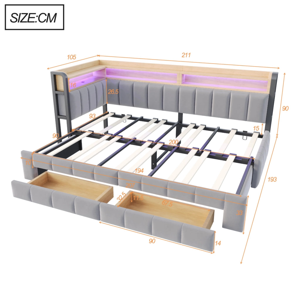 Divano letto imbottito estraibile 90/180 x 200 cm con LED; USB e Type-C; velluto grigio chiaro