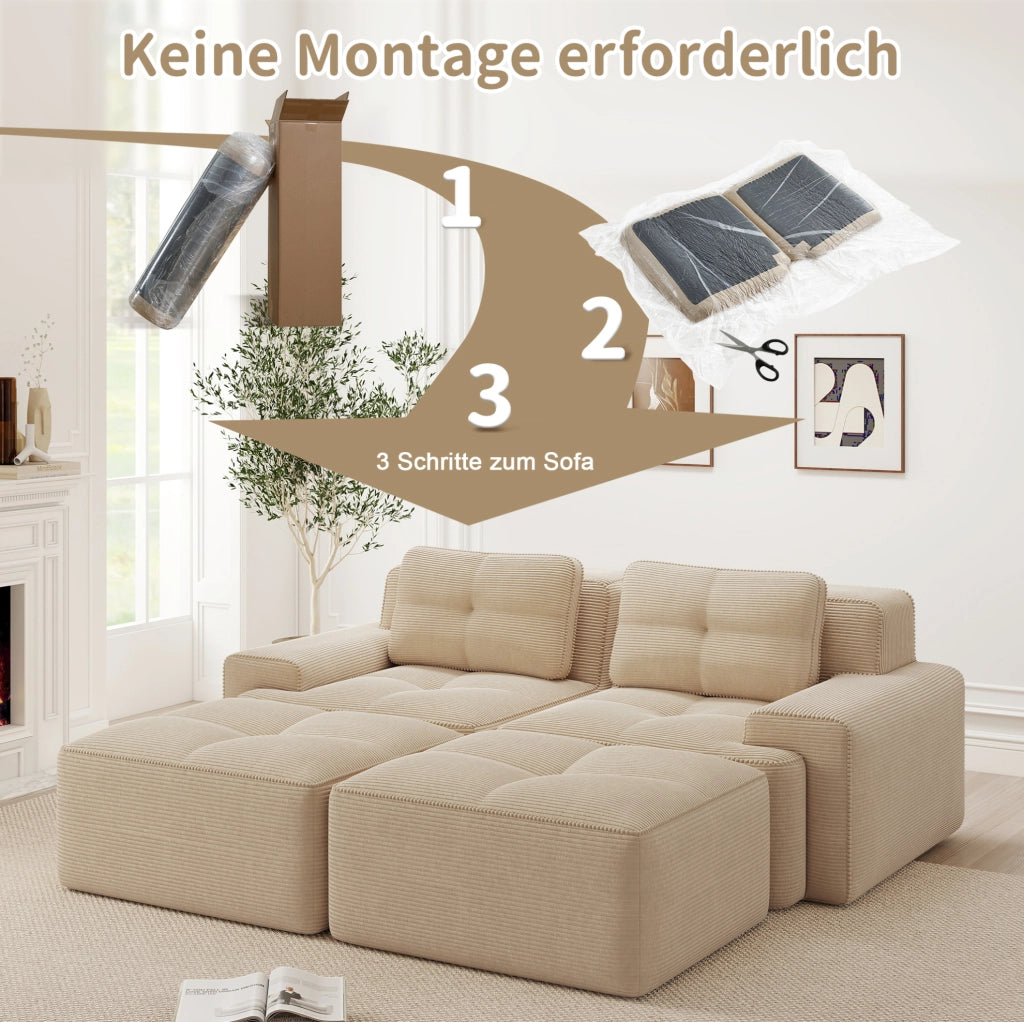 Divano modulare Cloud in velluto a coste beige con seduta profonda e design senza braccioli, 2 posti
