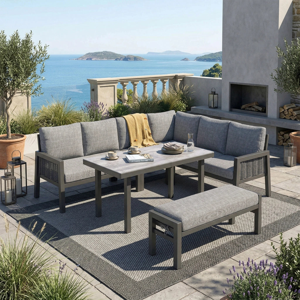 Set da Giardino 8 Posti Angolare ¨C MINIMAL ¨C Polyrattan Grigio, Tavolo in Vetro