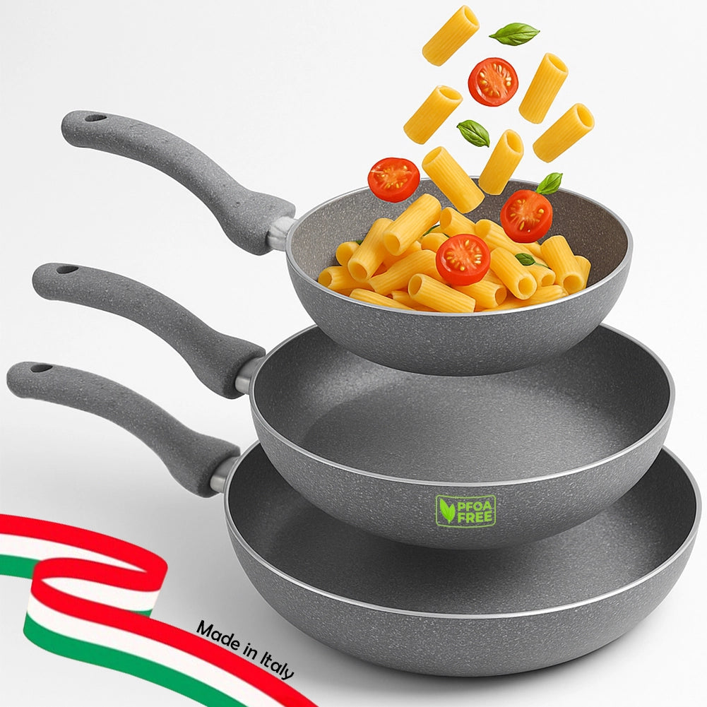 Set 3 Padelle Primolla 20-24-28cm in Alluminio Effetto Pietra Piano Cottura Gas