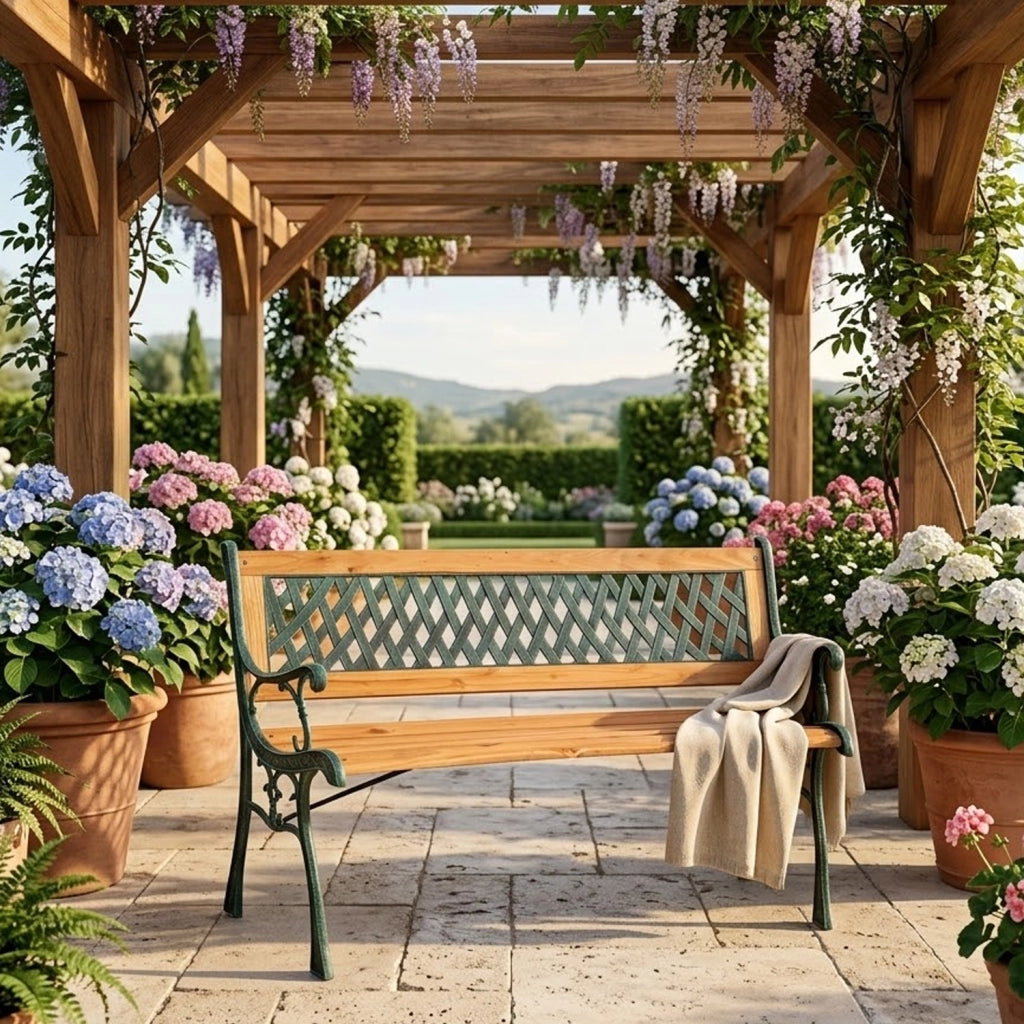 Panchina Da Giardino 2 Posti In Legno E Ghisa Panca Design Vintage Elegante Con Schienale A Traliccio Resistente E Compatta Ideale Per Terrazzo Balcone Giardino 128 x 51 x 73 Cm