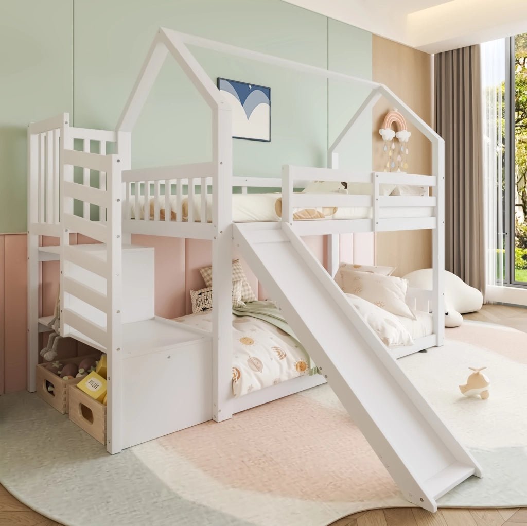 Letto a castello 90x200 cm con scivolo e scala, bianco