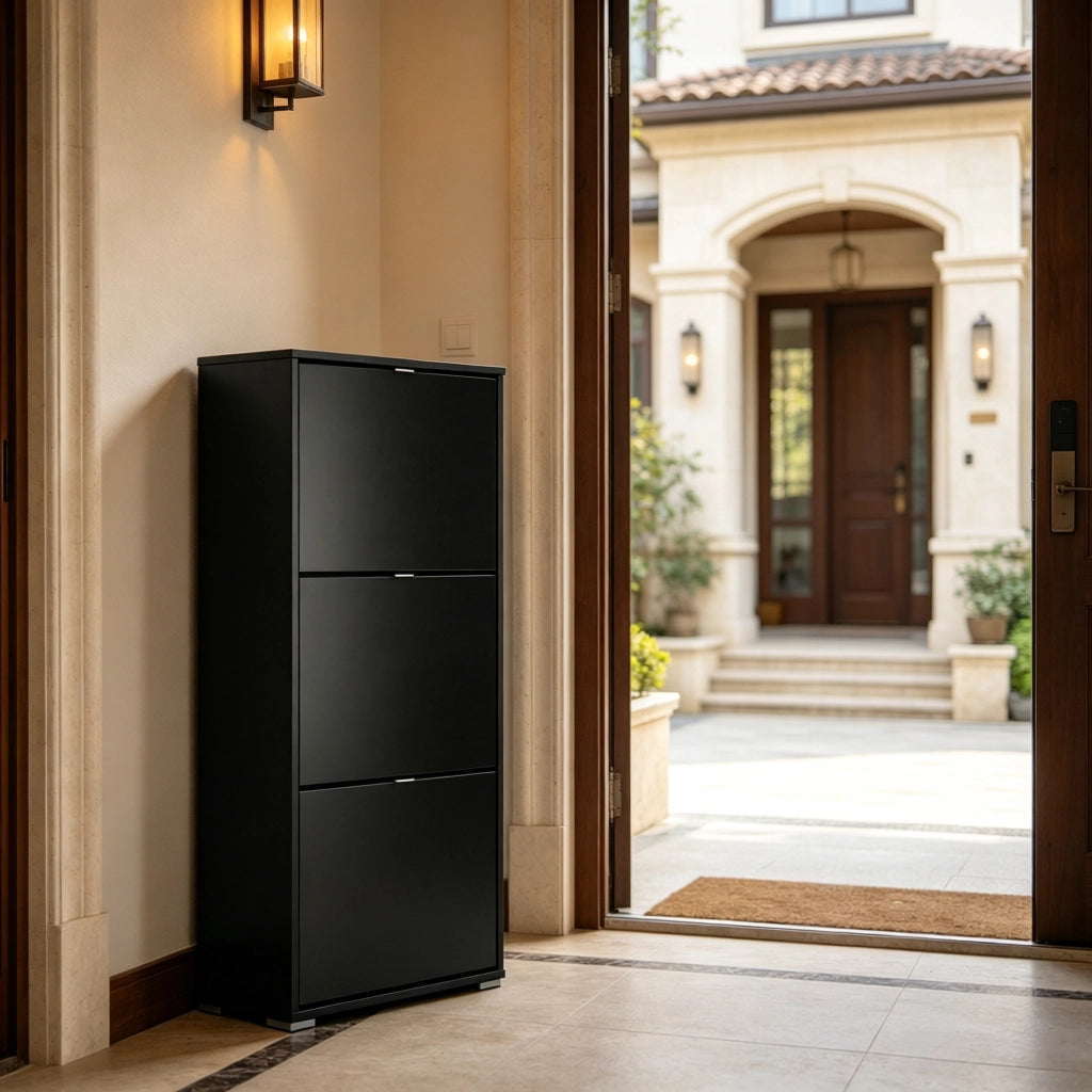 Scarpiera con 3 ante ribaltabili e vani regolabili, per ingresso e camera da letto, in MDF, nero, 60 × 26 × 124 cm