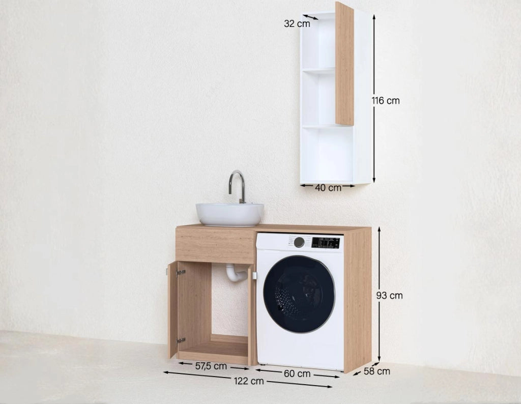Mobile coprilavatrice Sindy Dx - Contenitore salvaspazio per bagno e lavanderia - Lavatrice non inclusa - Lavandino e Pensile compresi - Bianco - 122x93x60 cm_