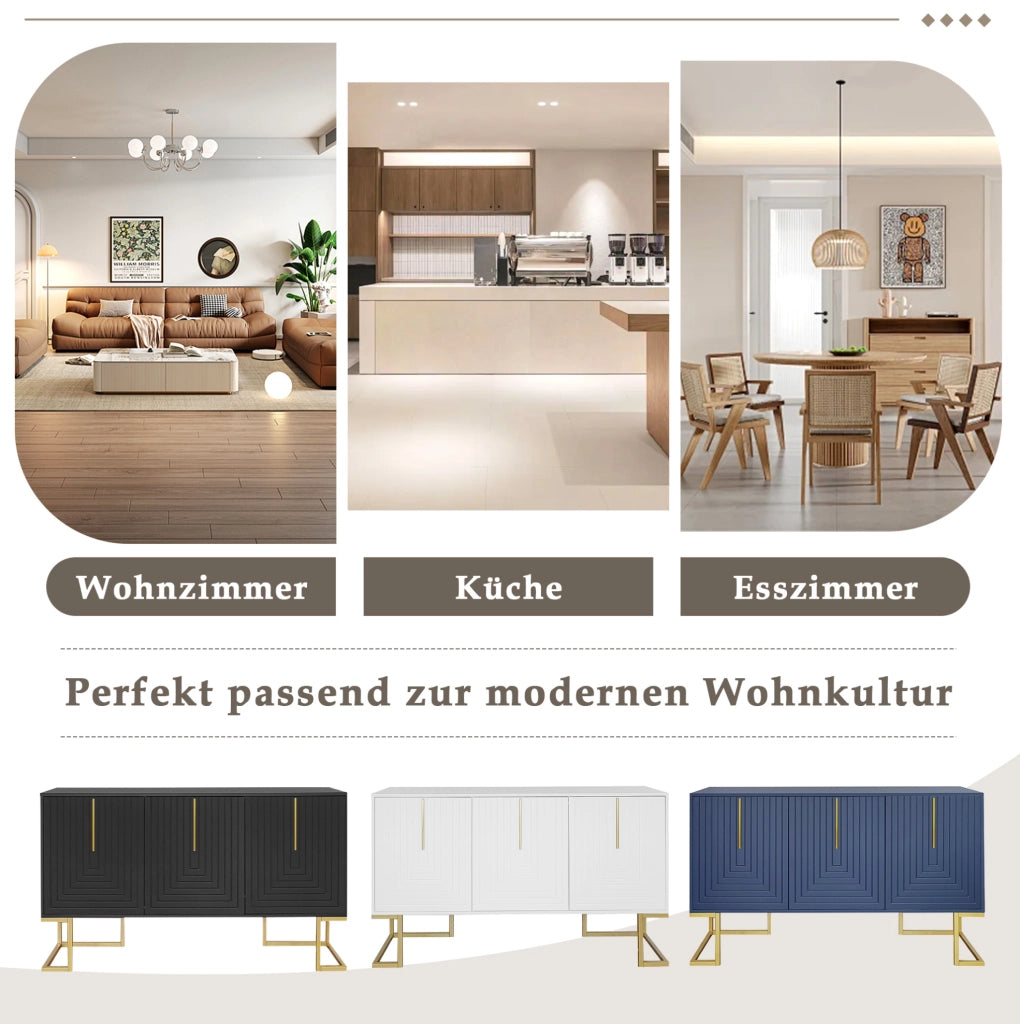 Credenza 3 ante con ripiani regolabili; struttura in MDF e base in metallo; nera