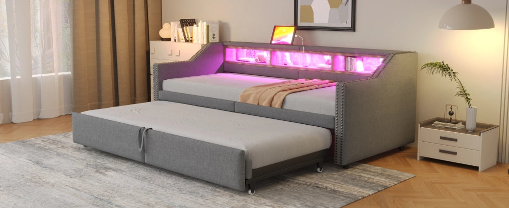 DESMIU Letto estraibile 90 × 200 cm 2 posti con USB, LED, ripiani e 180 × 200 cm, senza materasso