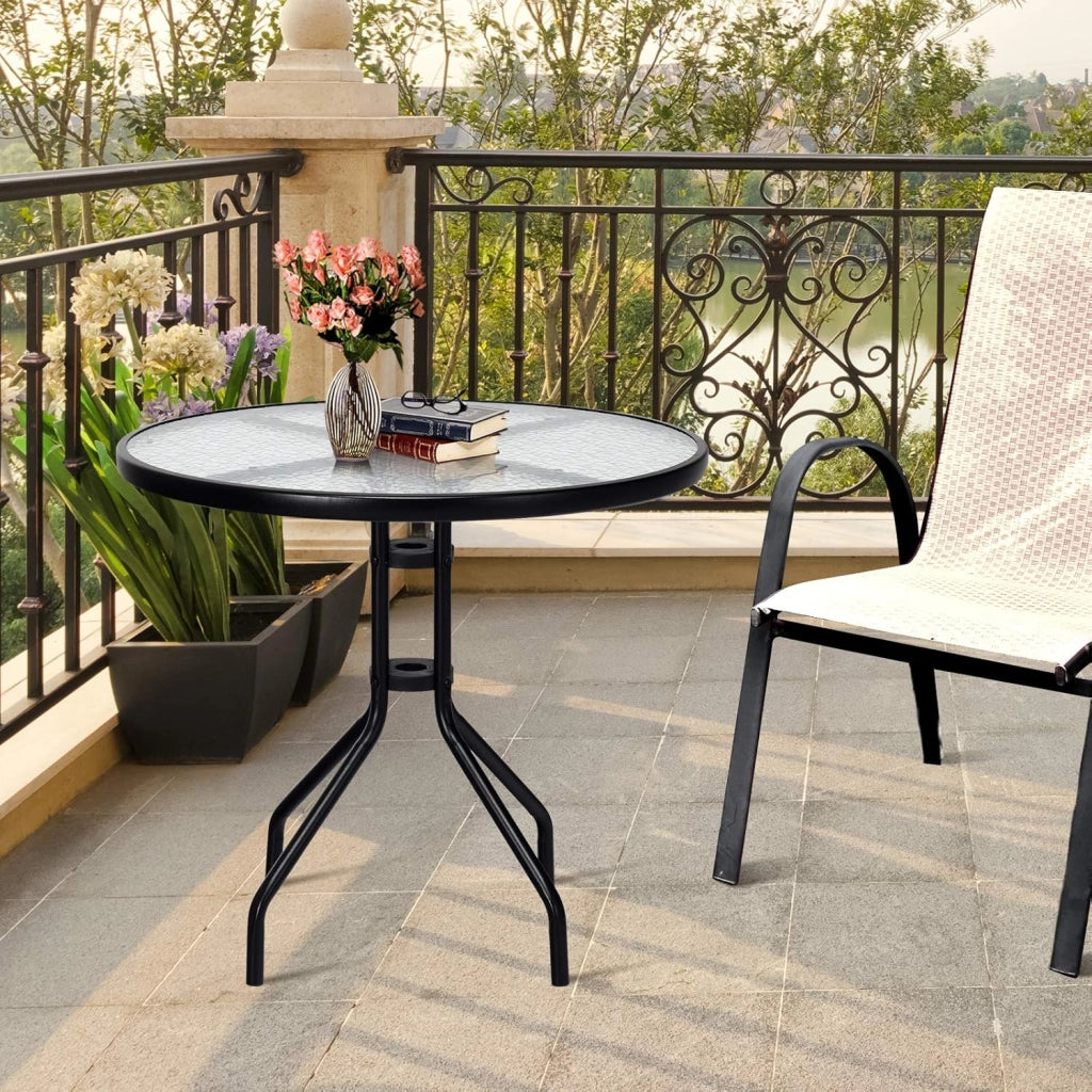 Tavolo da Patio da 70 cm, Tavolino Rotondo da Giardino in Vetro Temperato, con Gambe in Metallo, Foro per Ombrellone, per Giardino, Balcone, Fino a 50 kg, 70 x 70 x 71 cm
