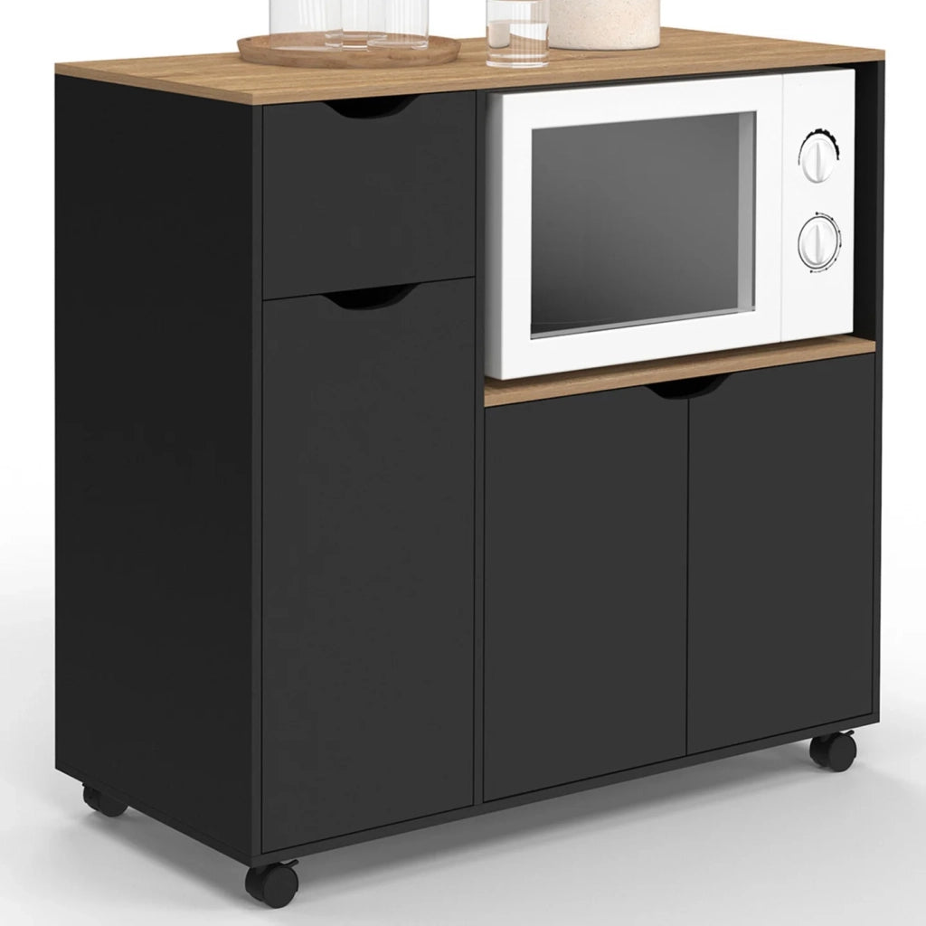 IDMarket - Credenza COSI XXL per microonde con cassetto in legno nero e ripiani in faggio L.90 cm