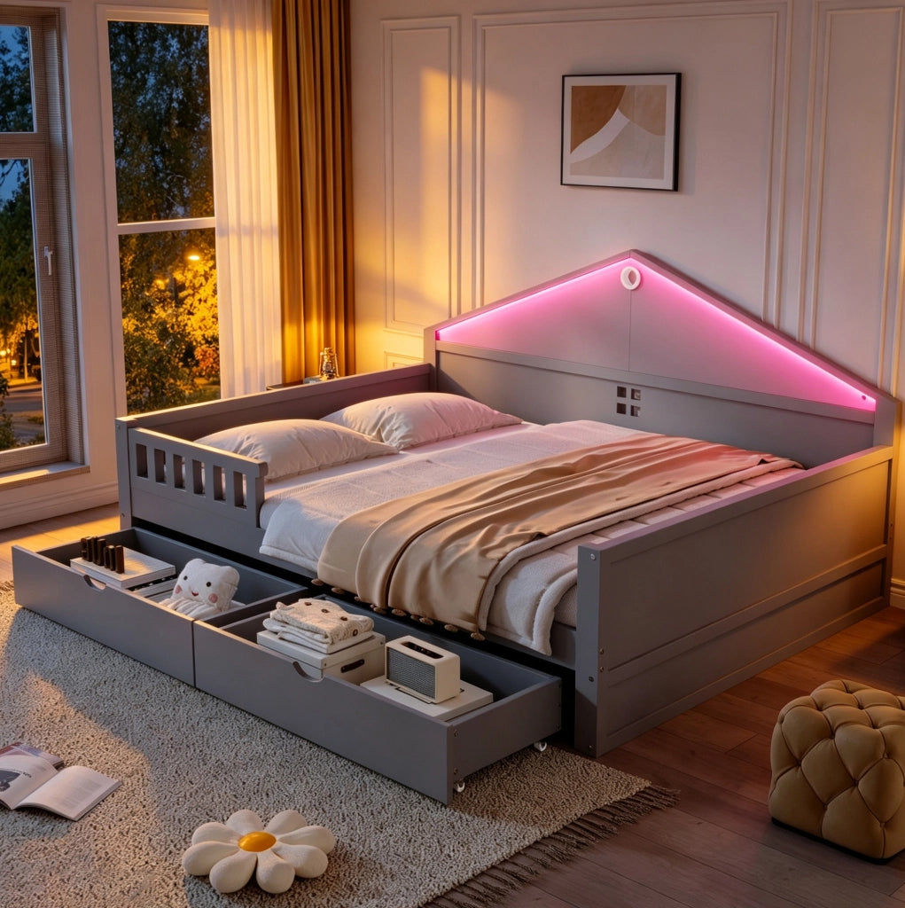 Letto multifunzione 140x200 cm con LED e 2 cassetti; in legno massello e MDF; grigio